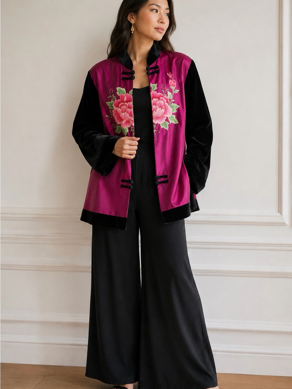 Dadi Hong Silk Velvet Embroidered Chinese Jacket Pink Black Size XL